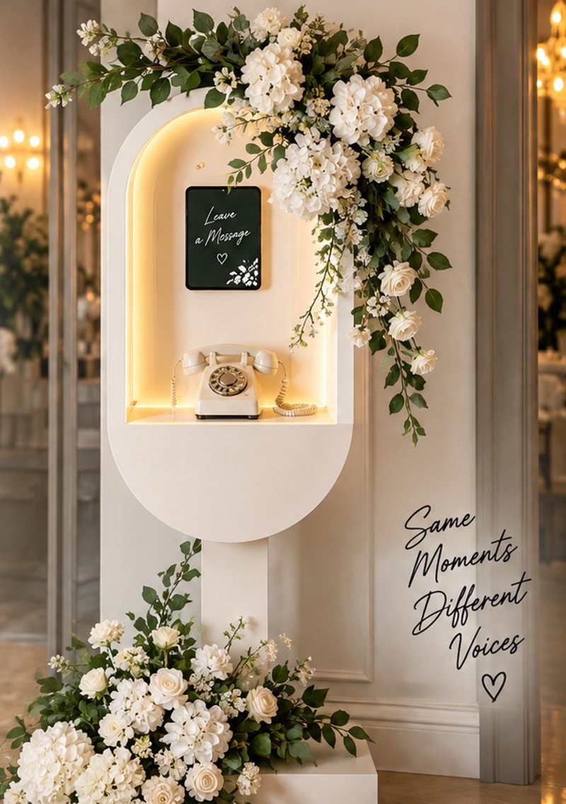Arch stand audio guestbook with florals and a rotary phone