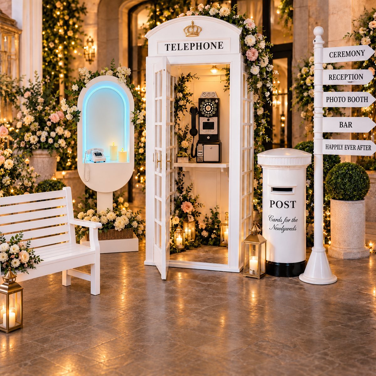 360 Stage audio and video guestbook booths: arch stand, telephone box, bench, post box and signpost