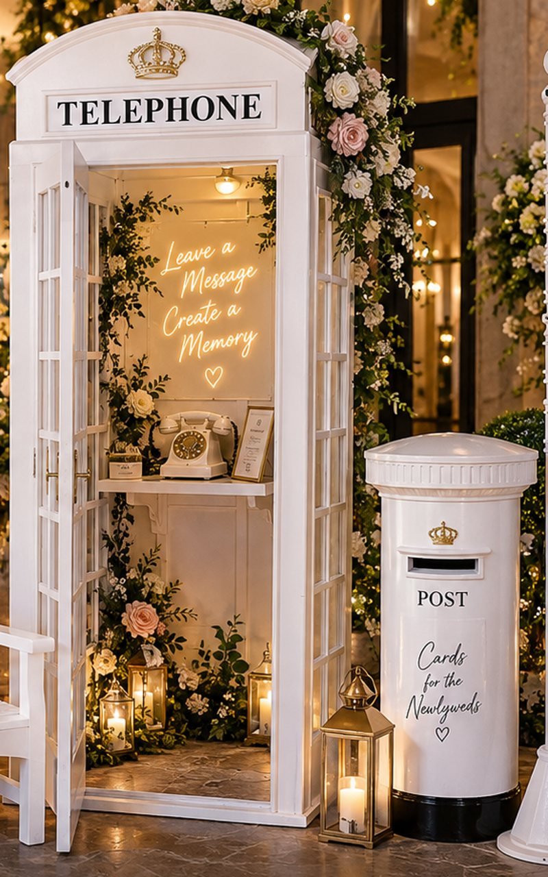 White telephone box guestbook with neon sign and florals