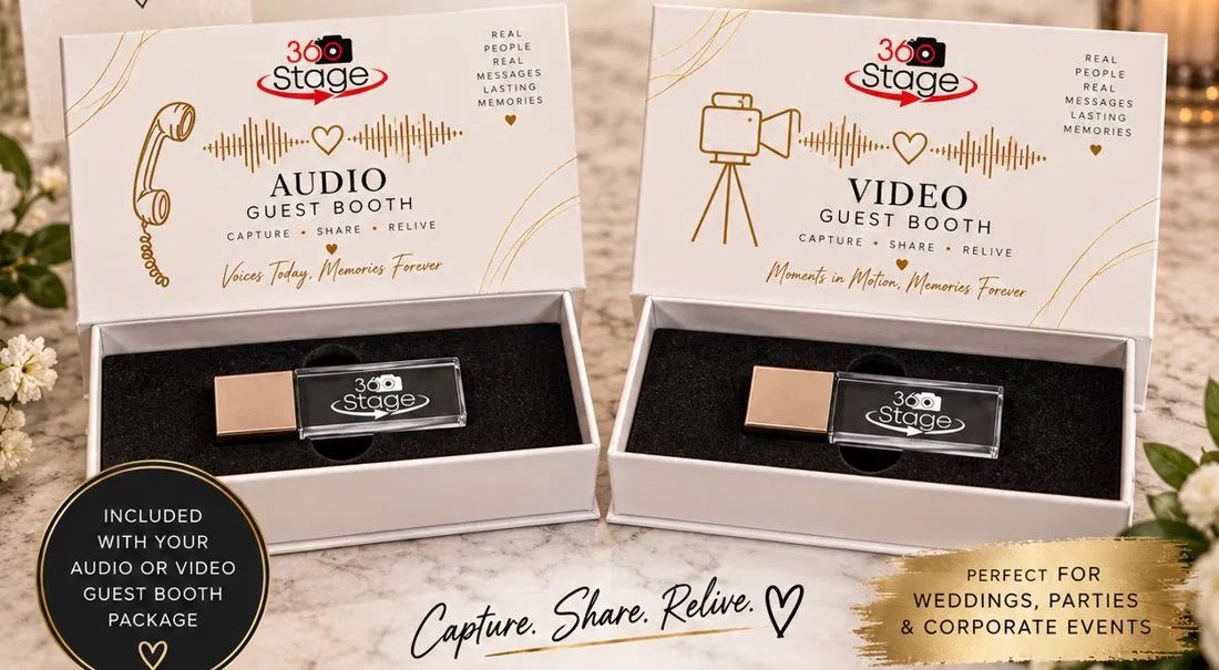 Branded audio and video guest booth memory USB keepsakes in gift boxes