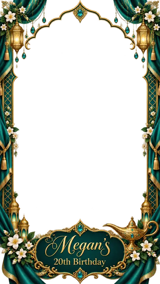 Megan’s 20th 360 photo booth overlay design by 360 Stage, emerald & gold