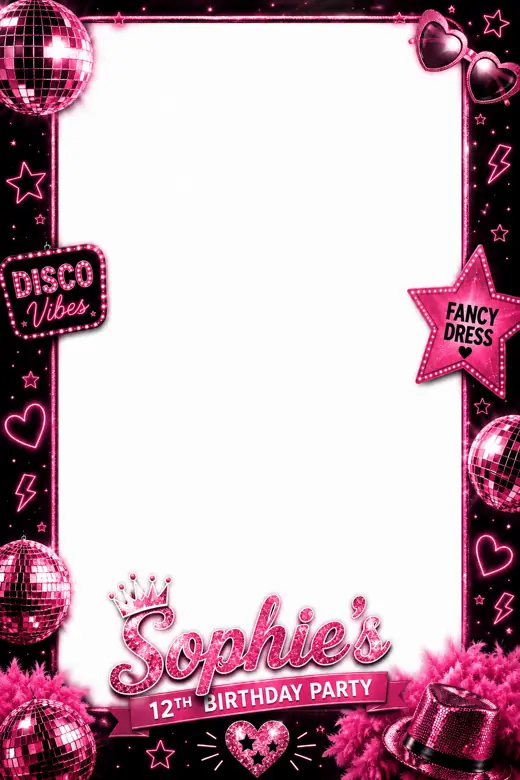 Sophie’s 12th 360 photo booth overlay design by 360 Stage, disco party