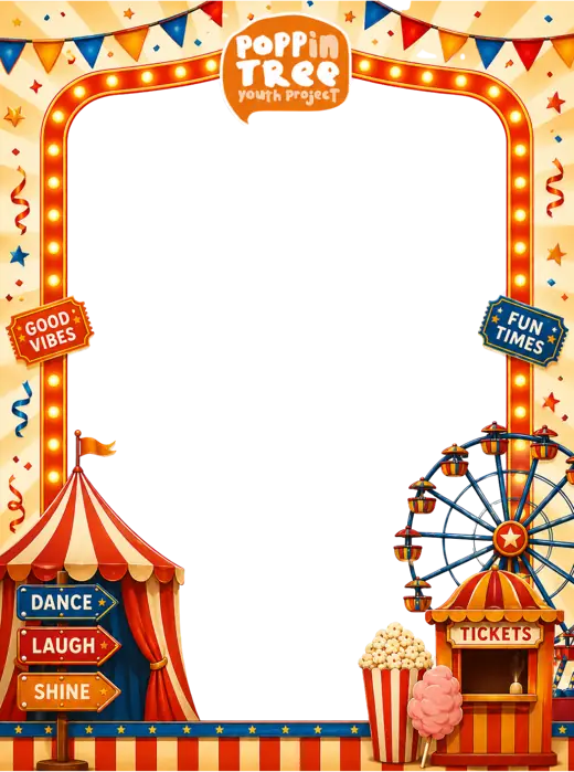 Kids’ party 360 photo booth overlay design by 360 Stage, funfair theme