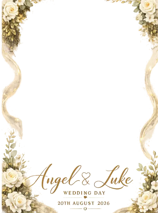 Angel & Luke 360 photo booth overlay design by 360 Stage, ivory ribbons & gold