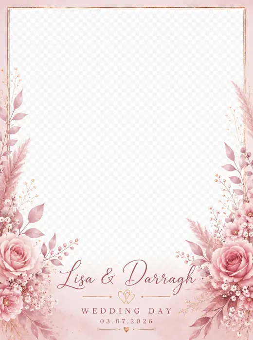 Lisa & Darragh 360 photo booth overlay design by 360 Stage, blush roses