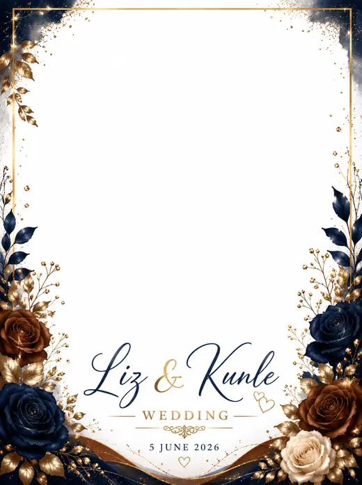 Liz & Kunle 360 photo booth overlay design by 360 Stage, navy & gold florals