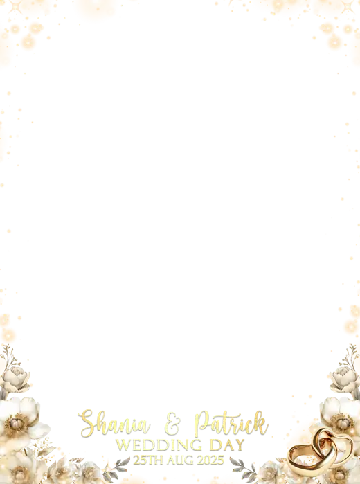 Shania & Patrick 360 photo booth overlay design by 360 Stage, white florals