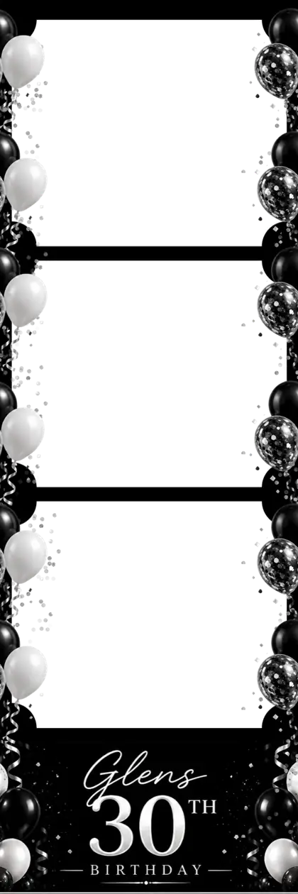 Glen’s 30th Snap Booth print design by 360 Stage, black & silver strip